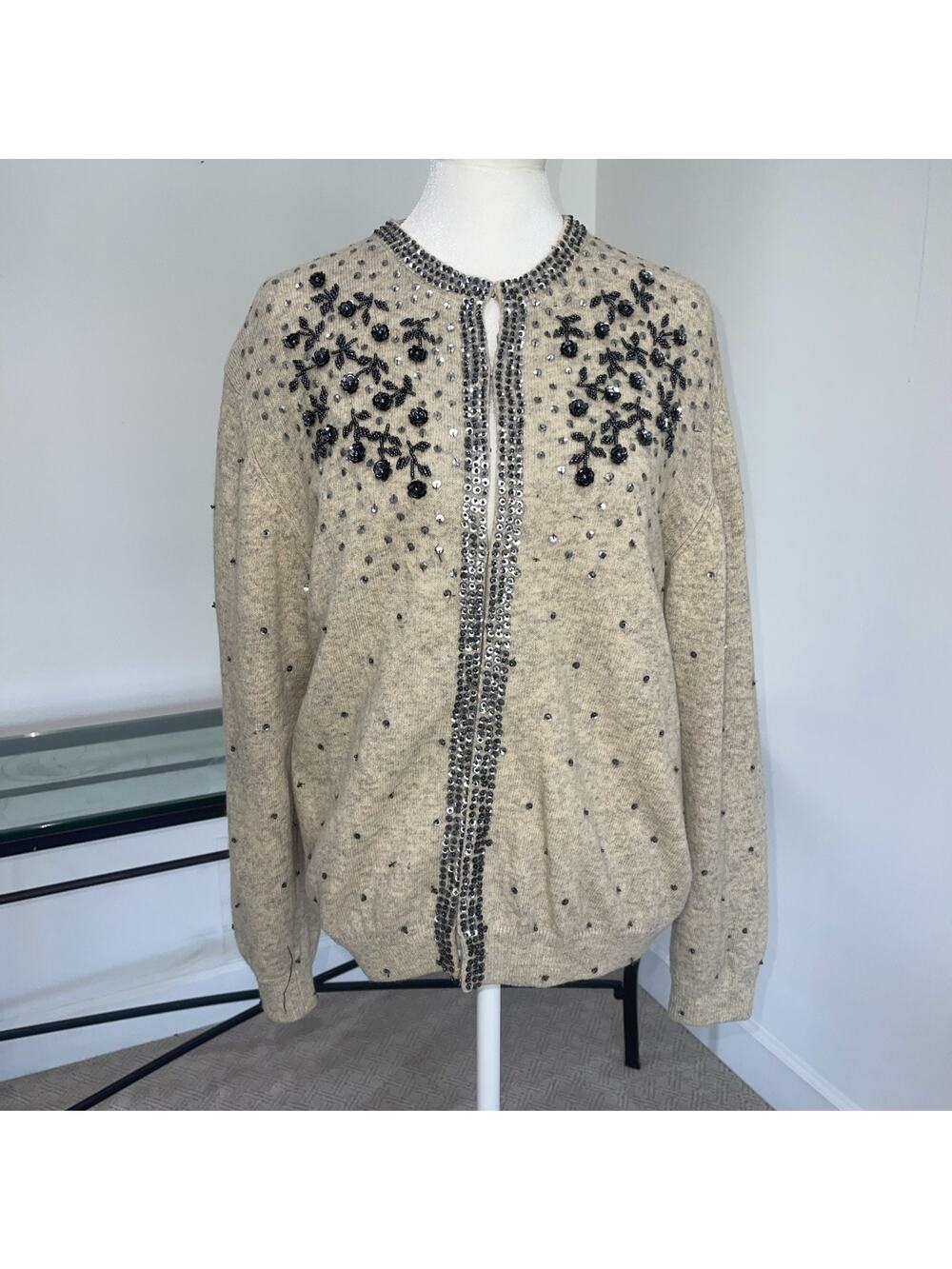 Beaded Sequin Wool Cardigan Sweater Vintage Lined Jacket Lambs Wool Granny Core